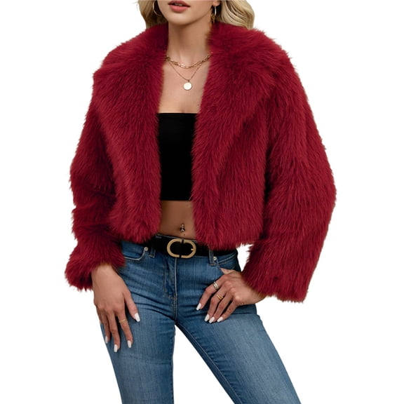 Women's Winter Coats Fleece Cropped Jacket Faux Fur Long Sleeve Pockets Warm Outerwear Fall Clothes Wine Red XXL