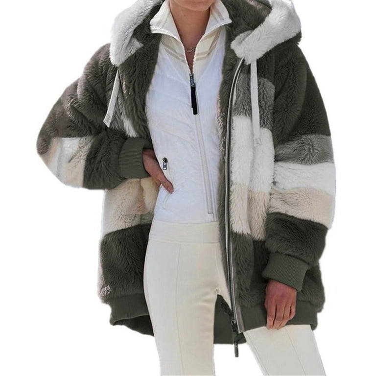 Women s Winter Coats Fuzzy Fleece Jacket Color Block Stitching