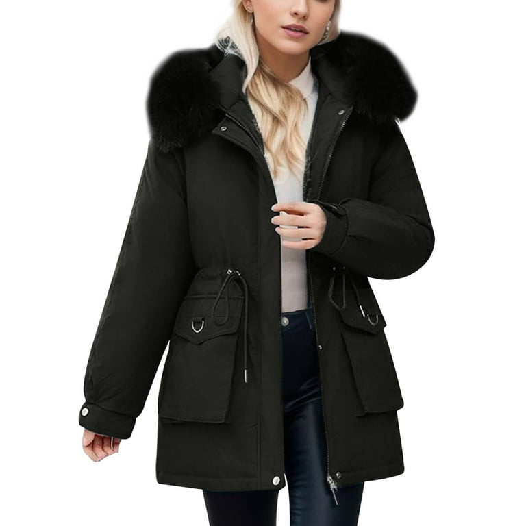 Women s Winter Coats Ladies Solid Color Mid Length Hooded with Plush Loose Fit Waist And Feather Cotton Padding Jackets for Women Walmart
