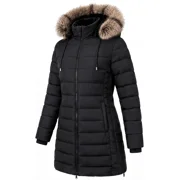 Women's Winter Coats Long Warm Thicken Puffer Jackets Outwear With Removable Faux Fur Hood, Black XL
