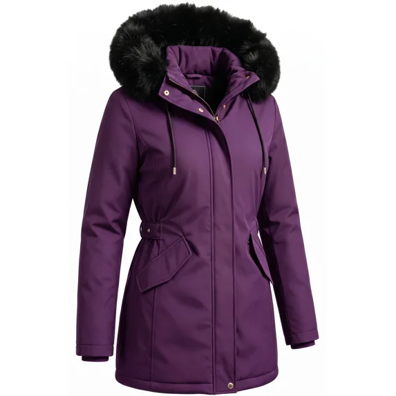 Women's Winter Coats Puffer Jacket Long Waterproof Snow Parka With Removable Faux Fur Trim Hood, Purple