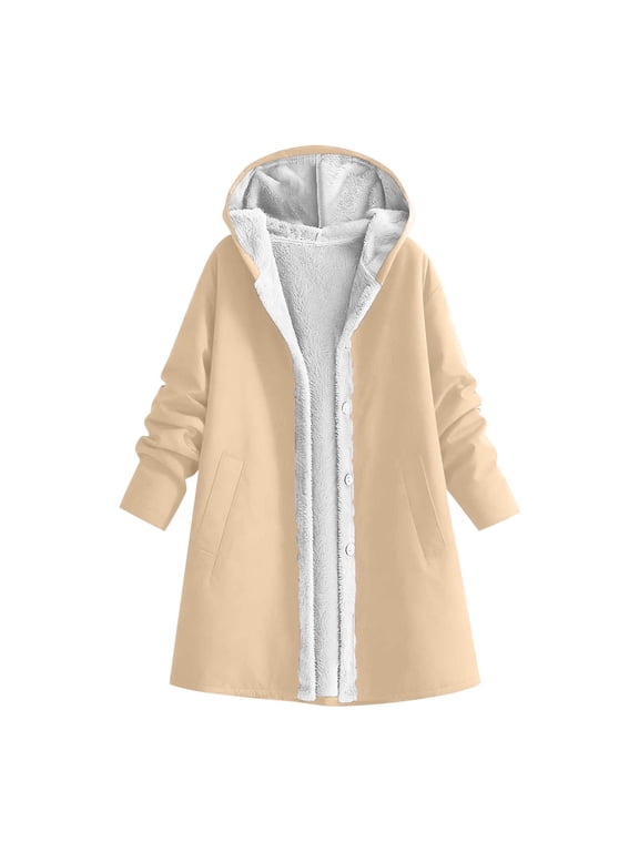 Women's Winter Coats Soft Fleece Lined Mid‑Length Overcoat Hooded Button Down,Warm Windproof Daily Home Outdoor Working Wear,Beige,L