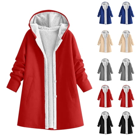 Yonivn Women's Winter Coats Soft Fleece Lined Mid‑Length Overcoat Hooded Button Down,Warm Windproof Daily Home Outdoor Working Wear,White,3XL