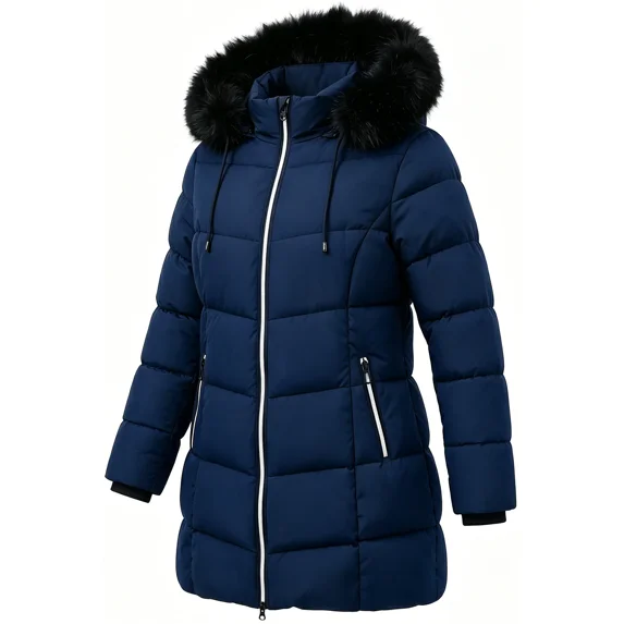 Women's Winter Coats Waterproof Windproof Warm Thicken Hooded Puffer Jacket, Navy 3XL