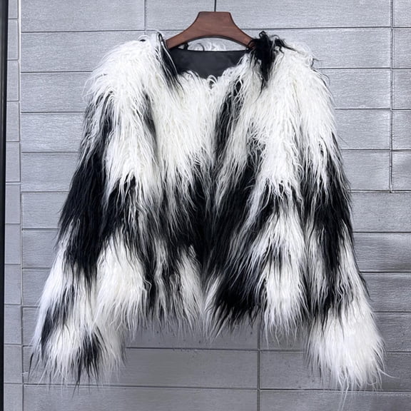 Women's Winter Colorful Casual Coat - Short Crew Neck Faux Fur Overcoat Long Sleeve Warm Black and White Cropped Outwear for Fall Winter Fashion