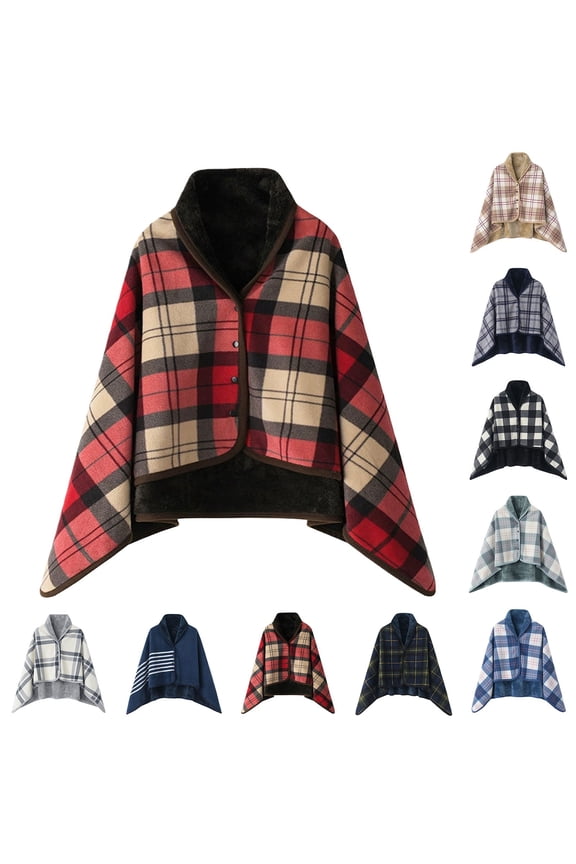 Women's Winter Coral Fleece Double Layer Multifunctional Outdoor Cold Proof Warm Plaid Blanket and Shawl