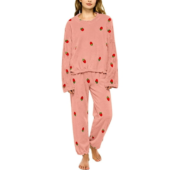 Women's Winter Coral Fleece Pajama Set, Cute Strawberry Print Thick Warm Flannel Loungewear, Cozy 2 Piece Sleepwear for Cold Nights and Home Comfort Pink