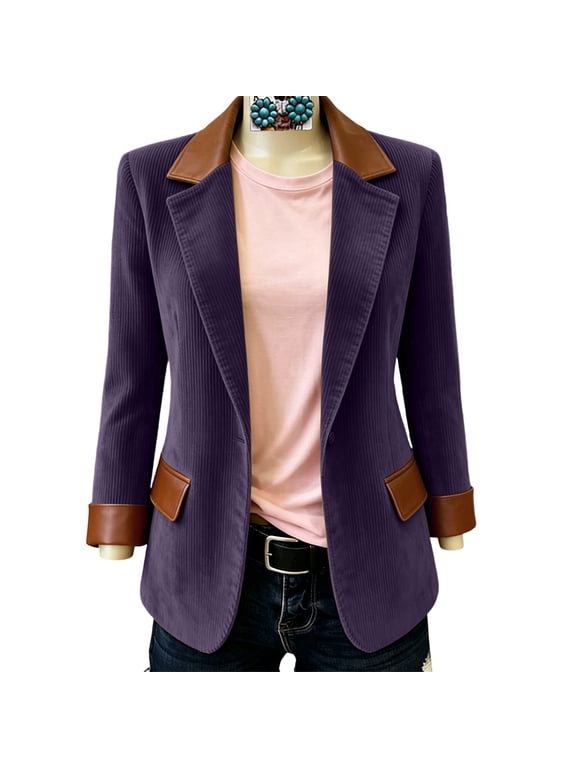 Women's Winter Corduroy Blazers Jackets Dressy Casual Ribbed Long Sleeve Lapel Fashion Work Business Outerwear Purple-A L(L)