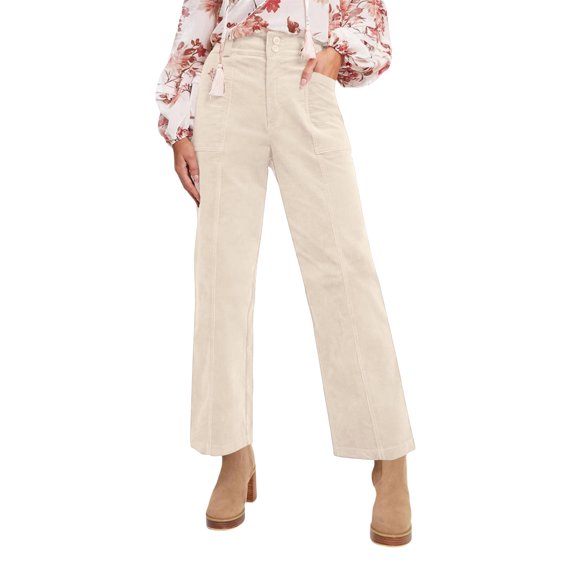 Women's Winter Corduroy Pants - Solid Color Straight-Leg Elastic Waist Casual Wear, Beige Size L