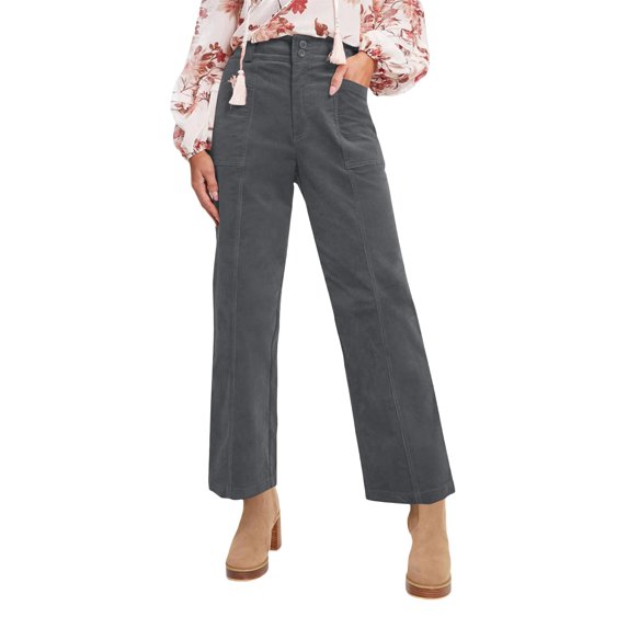 Women's Winter Corduroy Pants - Solid Color Straight-Leg Elastic Waist Casual Wear, Dark Gray Size L