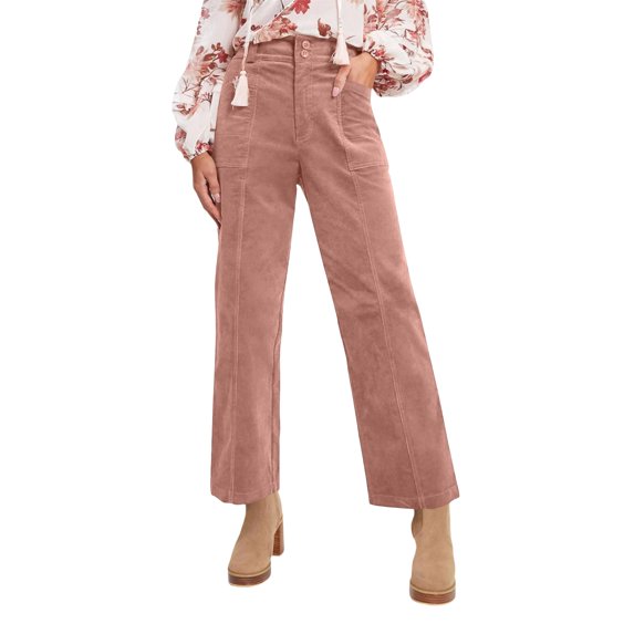Women's Winter Corduroy Pants - Solid Color Straight-Leg Elastic Waist Casual Wear, Pink Size L