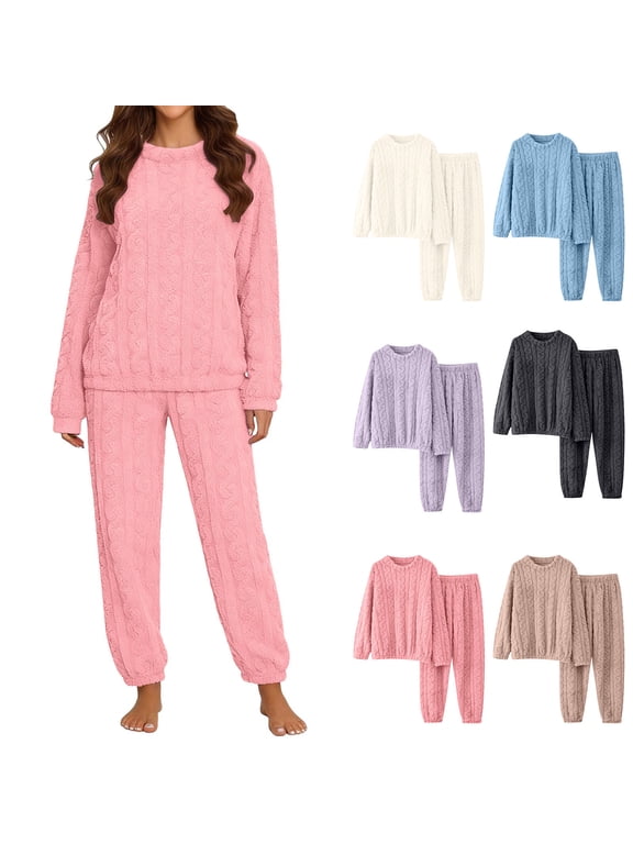 Women's Winter Cozy Two Piece Pajama Sets, Crew Neck Long Sleeve Top & Cuffed Jogger Pants, Solid Loose Warm Daily Indoor | TruHer,Purple S