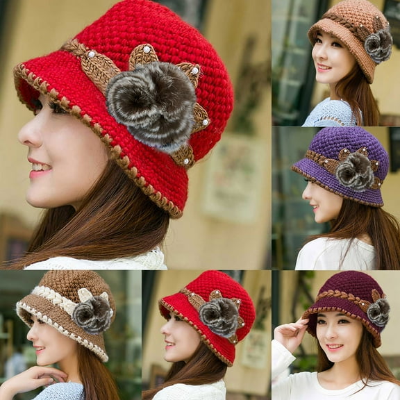 Women's Winter Crochet Knit Hat with Floral Ear Flap Design Warm Style
