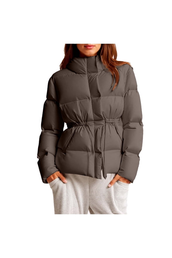 Women's Winter Cropped Cotton Coat Waist Cinched Pleated Warm Quilted Hooded Jacket Thermal Outerwear (S, Coffee)