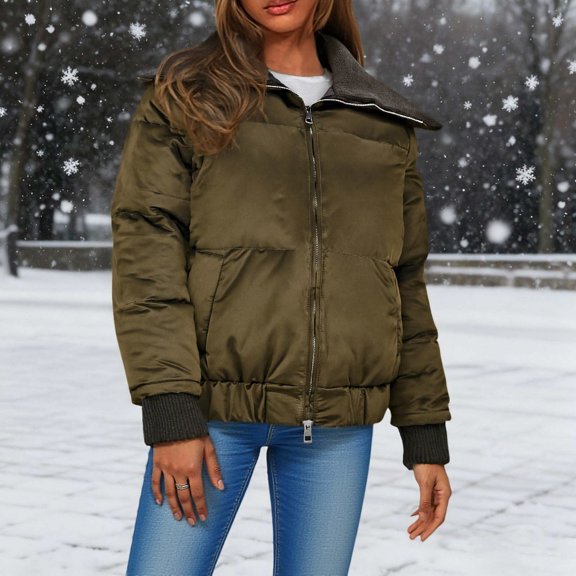 Women's Winter Cropped Cotton Jacket Coat Casual Long Sleeve Lapel Collar Short Warm Fashion Quilted Jackets (L, Army Green)