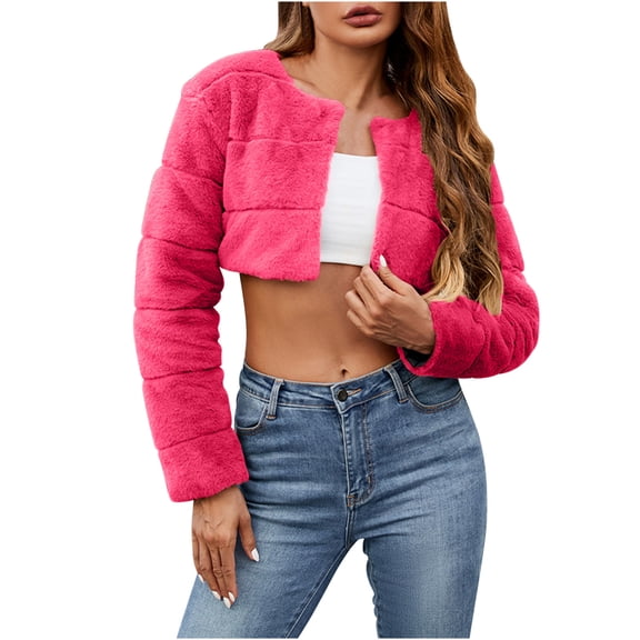 Women's Winter Cropped Faux Fur Coat Long Sleeve Open Front Cardigan Jackets Fleece Short Coat Shaggy Parka Outerwear