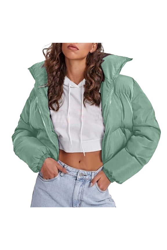 Women's Winter Cropped Jacket Long Sleeve Oversized Stand Collar Zip Up Short Down Coat Lightweight down Maternity Coat Women plus Size Coats Women Ladies down Coats Olive Coat Women Girls Thickened
