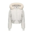 thumbnail image 1 of Women's Winter Cropped Jackets with Detachable Faux Fur Hood Thumb Holes Warm Puffy Short Coat Cotton Outerwear (L, White), 1 of 6
