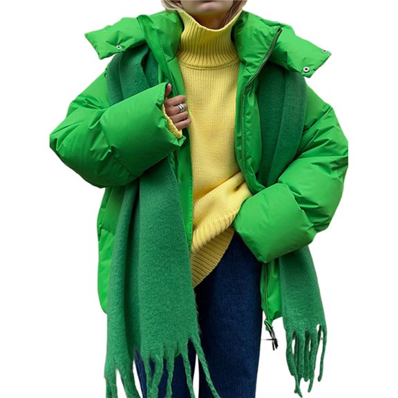 Women's Winter Cropped Puffer Jacket Coat Casual Quilted Baggy Long Sleeve Zip Down Jackets Outerwear Green M