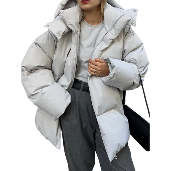 Women's Winter Cropped Puffer Jacket Coat Casual Quilted Baggy Long Sleeve Zip Down Jackets Outerwear Light Gray L