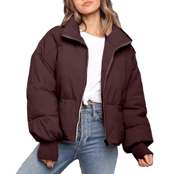 Women’s Winter Cropped Puffer Jacket Quilted Baggy Down Jackets Brown S