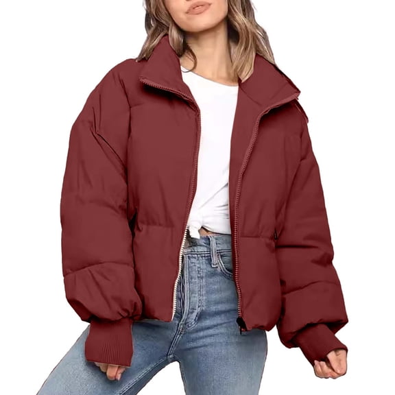 Women’s Winter Cropped Puffer Jacket Quilted Baggy Down Jackets Red S