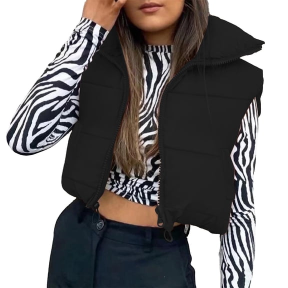 Women's Winter Cropped Puffer Vests Lightweight Sleeveless Warm Outerwear Padded Gilet Jackets with Pocket New Casual Jackets for Women Fall Black XL