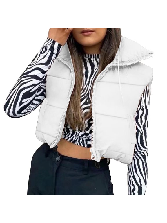 Women's Winter Cropped Puffer Vests Lightweight Sleeveless Warm Outerwear Padded Gilet Jackets with Pocket New White XXL