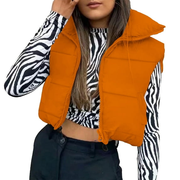 Women's Winter Cropped Puffer Vests Lightweight Sleeveless Warm Outerwear Padded Gilet Jackets with Pocket New Womens Outerwear Jacket Orange XXL