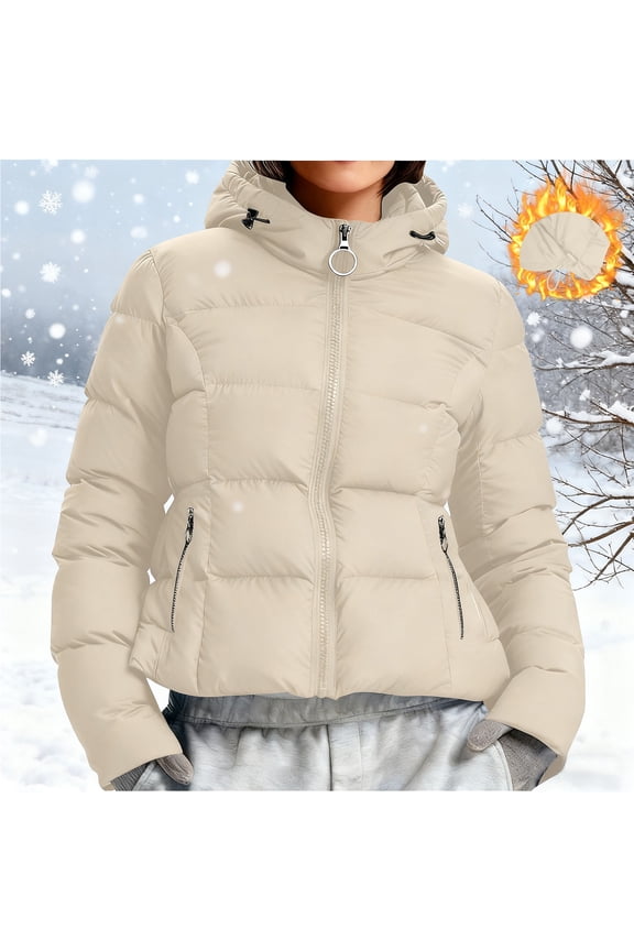 Women's Winter Cropped Quilted Jacket with Hood Windproof Short Warm Padded Puffy Coat Outerwear Zip Pockets Beige XXL