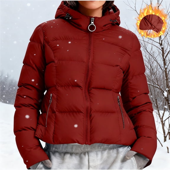Women's Winter Cropped Quilted Jacket with Hood Windproof Short Warm Padded Puffy Coat Outerwear Zip Pockets Wine L