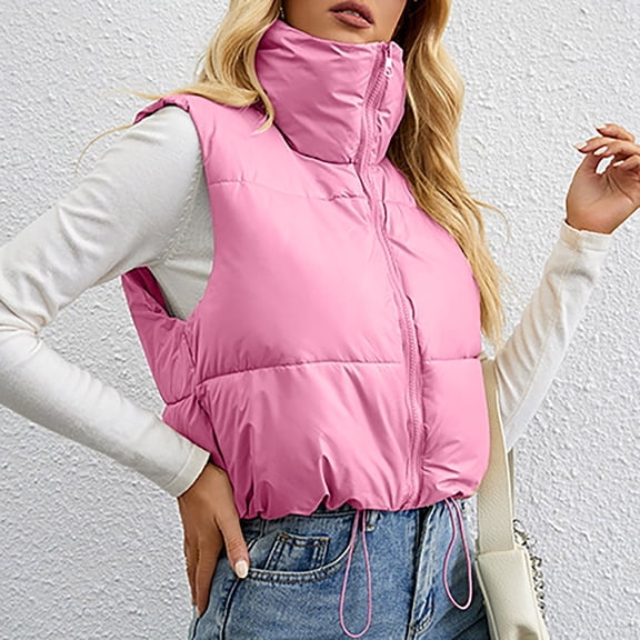 Women's Winter Cropped Vest Crop Jackets For Women Full Zip Stand Collar Padded Lightweight Outwear Vest Womens plus Vest Natural Quilted Vest Coat with No Sleeves Trench Coats for Women Sleeveless
