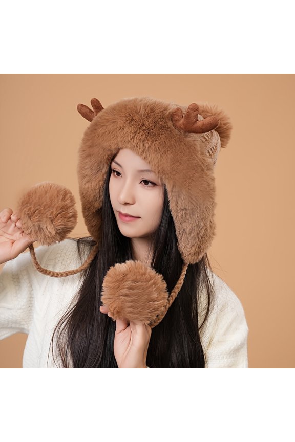 Women's Winter Double Ball Plush Earflap Hat - Soft Fluffy Ball Decoration, Elastic Stretch Design, Snowboarding, Cold Weather Hat - Cute Comfortable Earflap Accessory