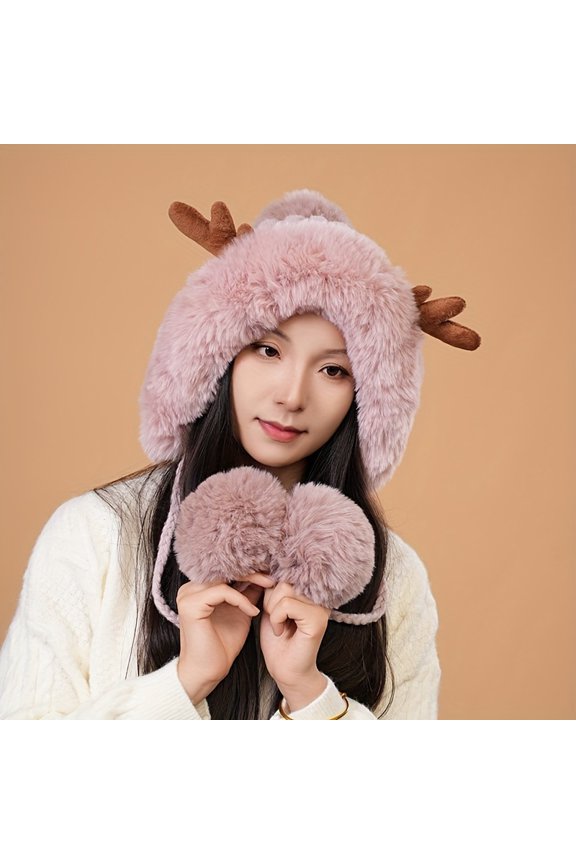 Women's Winter Double Ball Plush Earflap Hat - Soft Fluffy Ball Decoration, Elastic Stretch Design, Snowboarding, Cold Weather Hat - Cute Comfortable Earflap Accessory