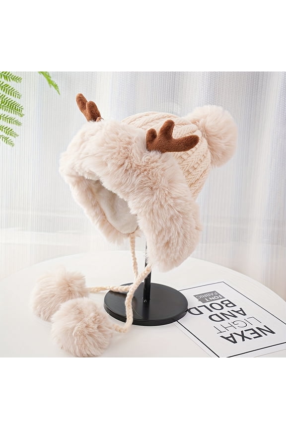 Women's Winter Double Ball Plush Earflap Hat - Soft Fluffy Ball Decoration, Elastic Stretch Design, Snowboarding, Cold Weather Hat - Cute Comfortable Earflap Accessory