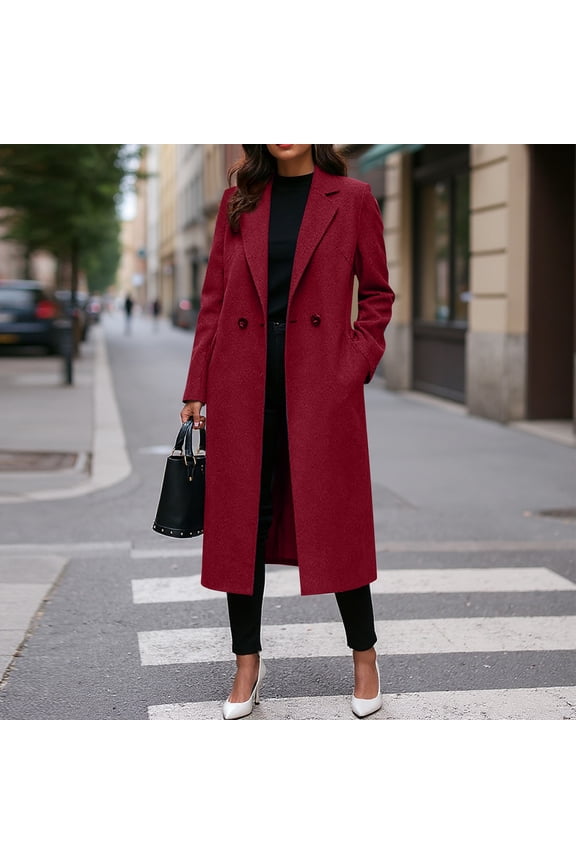 Womens Long Coats Fall Winter Double Breasted Trench Coat with Pockets Red L
