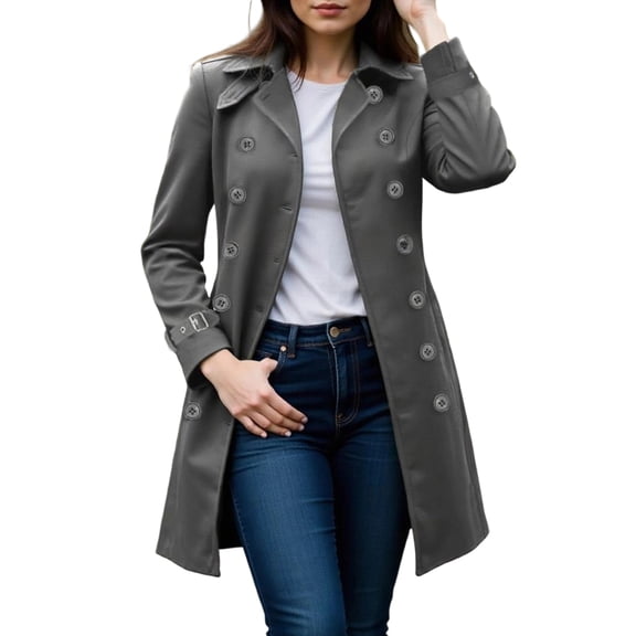 Women's Coat Double-Breasted Long Dressy Windbreaker Overcoat, Fall Winter Outerwear for Formal and Casual Occasions,Gray,XL
