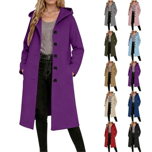 Women's Winter Double Breasted Wool Coat Ladies' Casual Warm Winter Daily Solid Color Pocket Button Long Sleeved Hooded Coat Woolen Coat Top Purple L