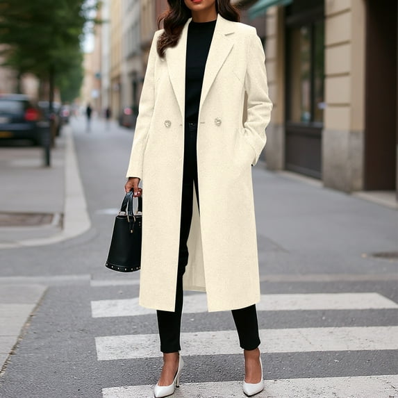 Women's Winter Double Breasted Wool Coat Long Sleeve Notch Lapel Long Trench Coat Beige 3XL