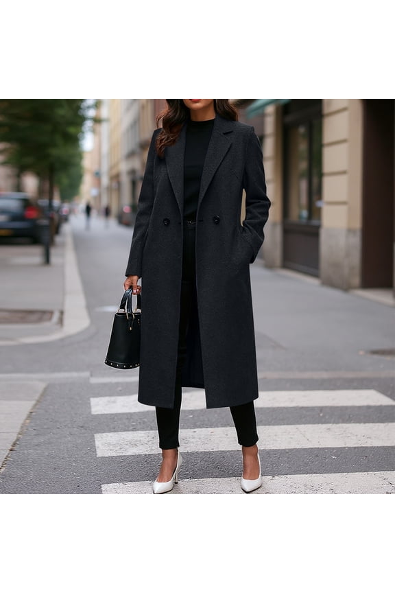 Womens Winter Pea Coat Notch Lapel Double Breasted Wool Oversized Overcoat with Pockets Black M