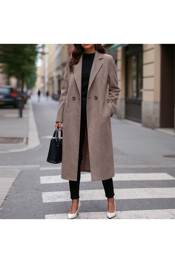 Women's Winter Double Breasted Wool Coat Long Sleeve Notch Lapel Long Trench Coat Coffee M