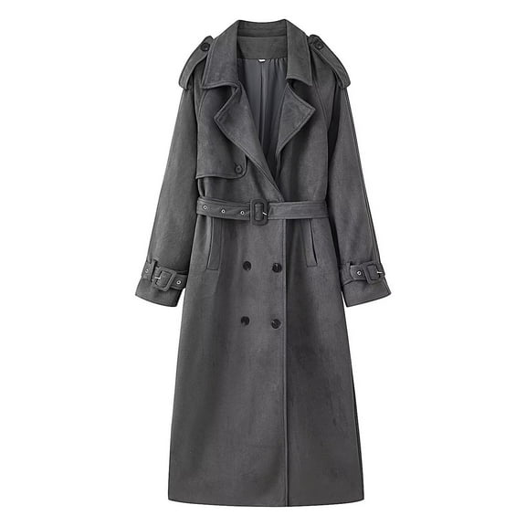 Women's Winter Double Breasted Wool Coat Long Sleeve Notch Lapel Long Trench Coat with Belt