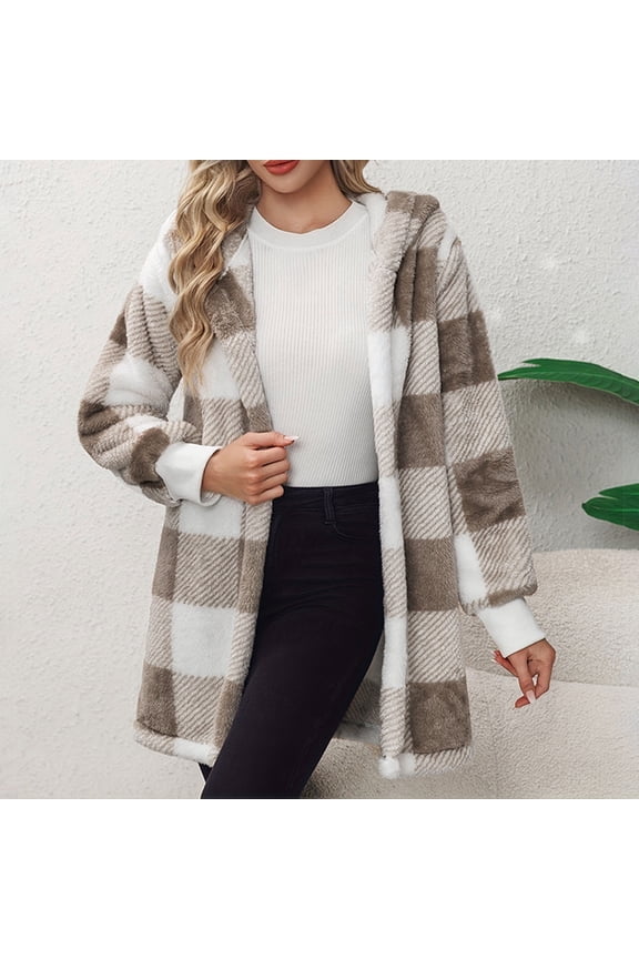 Women's Winter Double-Faced Fleece Plaid Hooded Coat Jacket Outerwear, Warm Thickened Comfortable Hoodie Pullover for Cold Weather | CSEONE,Khaki XL