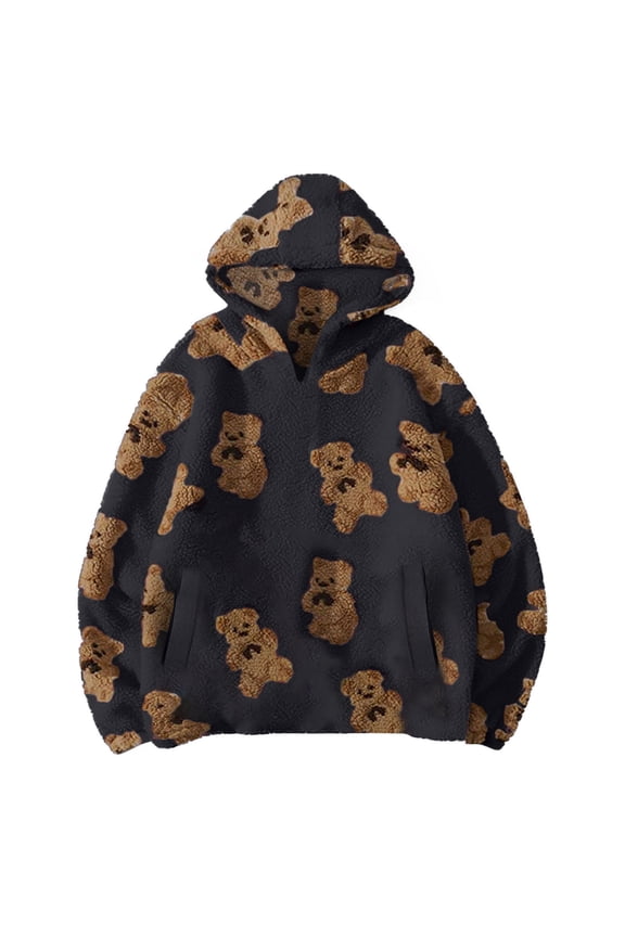 Women's Winter Double-sided Teddy Bear Printed Top Long Sleeved Hooded Hoodie Top