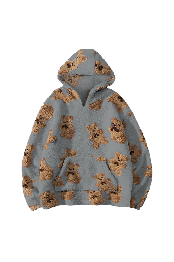 Women's Winter Double-sided Teddy Bear Printed Top Long Sleeved Hooded Hoodie Top