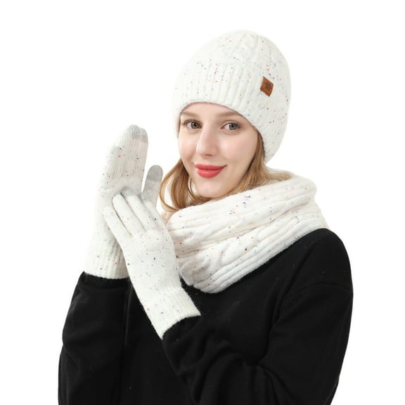 Womenās Winter Enhanced Warmth Double-Layer Fleece Three-Piece Set Knitted Hat + Scarf + Gloves Thickened Wind-Resistant Cold-Resistant Outdoor