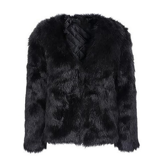 Women's Winter Fashion Fuzzy Jacket - Long-Sleeve Solid Color Short Faux Fur Coat, Black, XXL