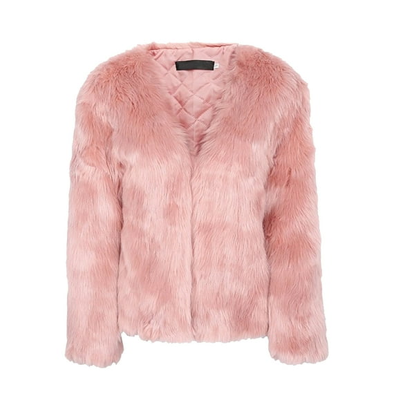 Women's Winter Fashion Fuzzy Jacket - Long-Sleeve Solid Color Short Faux Fur Coat, Pink, XXXL