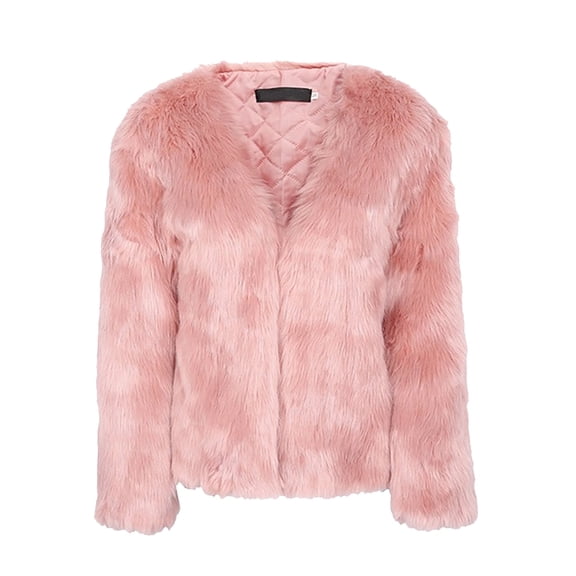 Women's Winter Fashion Fuzzy Jacket - Long-Sleeve Solid Color Short Faux Fur Coat, Pink, XXXL