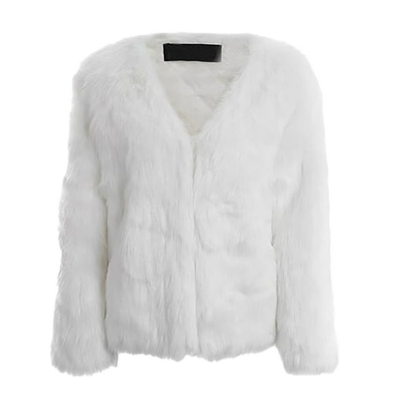 Women's Winter Fashion Fuzzy Jacket - Long-Sleeve Solid Color Short Faux Fur Coat, White, L